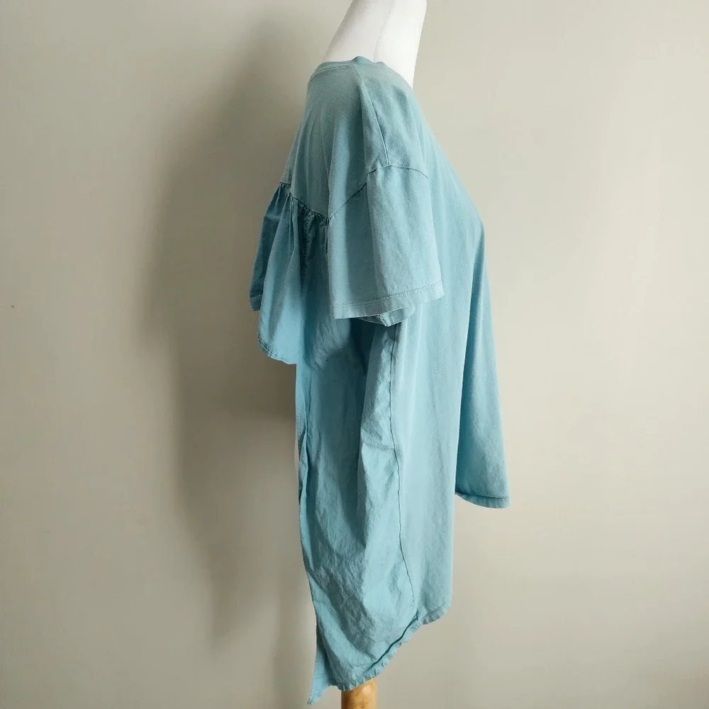 Zara Trafaluc High Low Ruffle Back Tee Womens M Blue Oversized Prairie Shirt Top - Picture 3 of 10